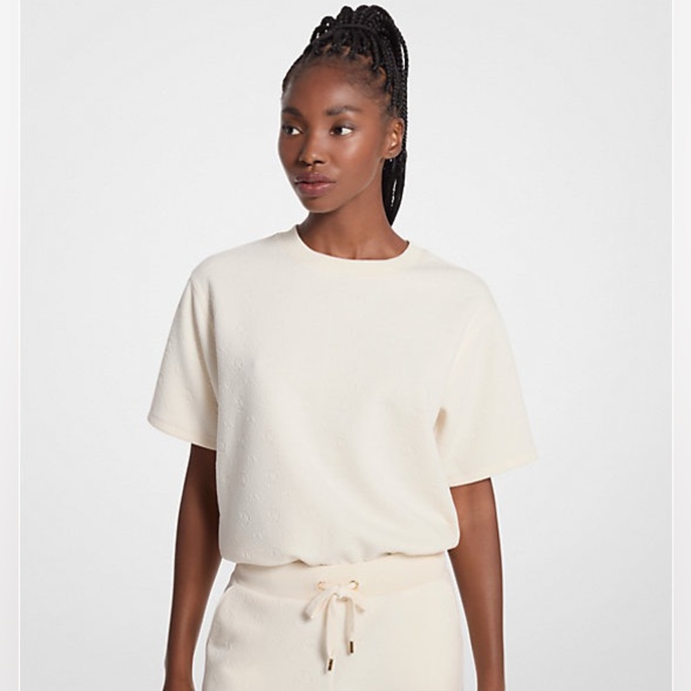 NWT MICHAEL KORS Logo Jacquard Knit Short-Sleeve Cream Sweatshirt Size Small